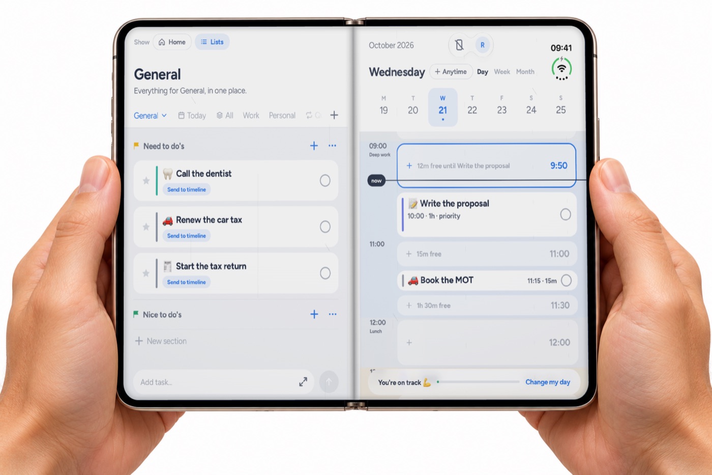 Holding the iPhone Duo open, Yoodoo's lists on the left and the day's timeline on the right