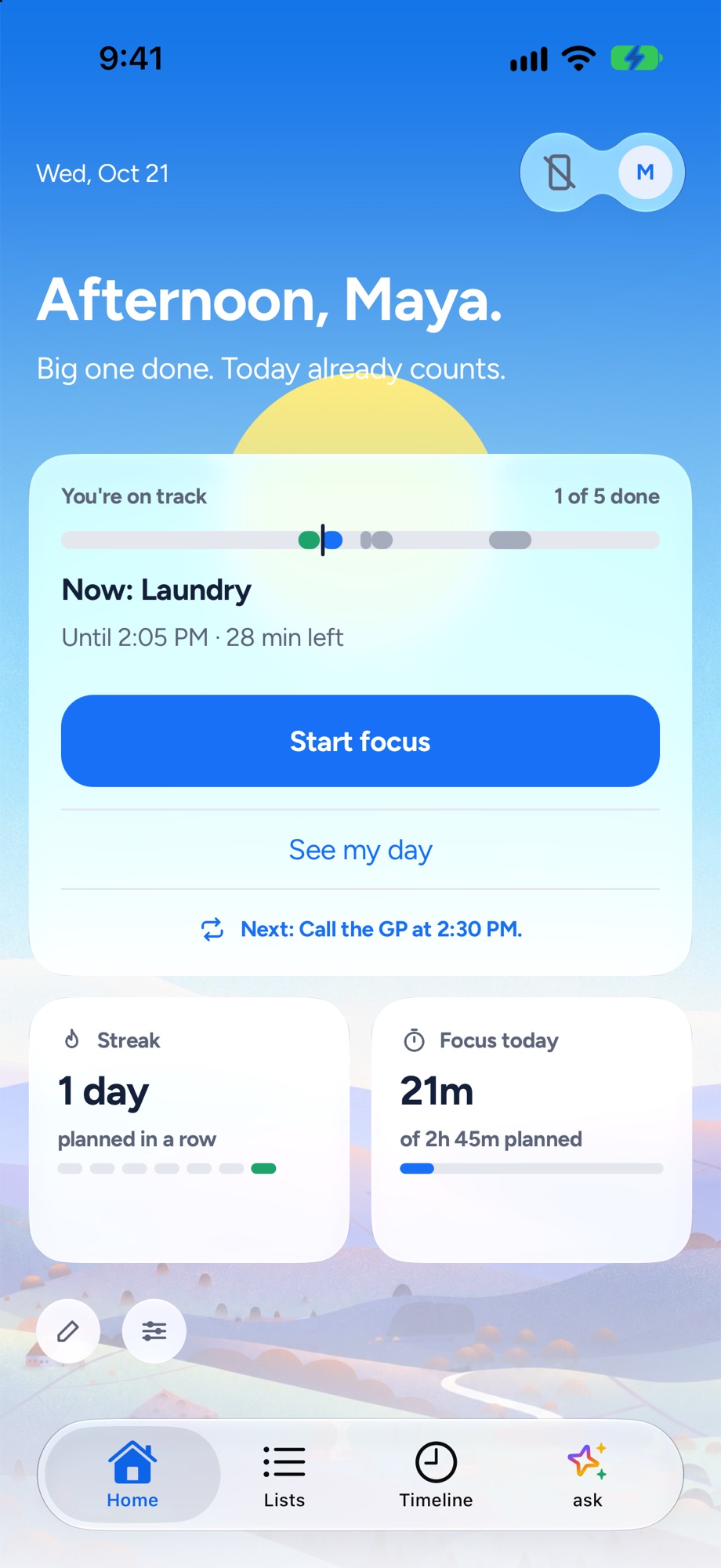 The homepage in the daytime, under a bright sky