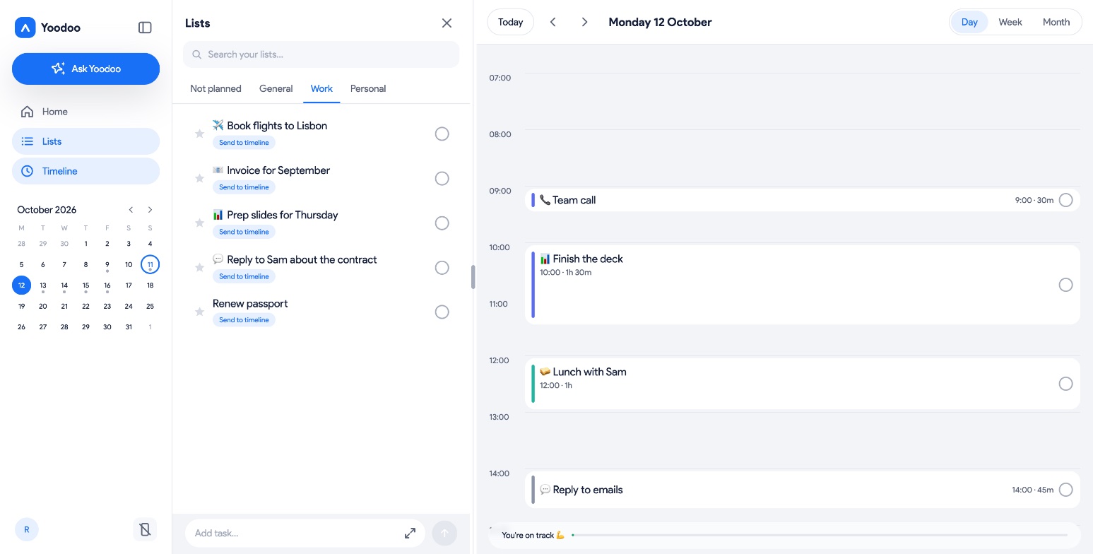 Yoodoo on desktop: your lists beside the day's timeline in a browser