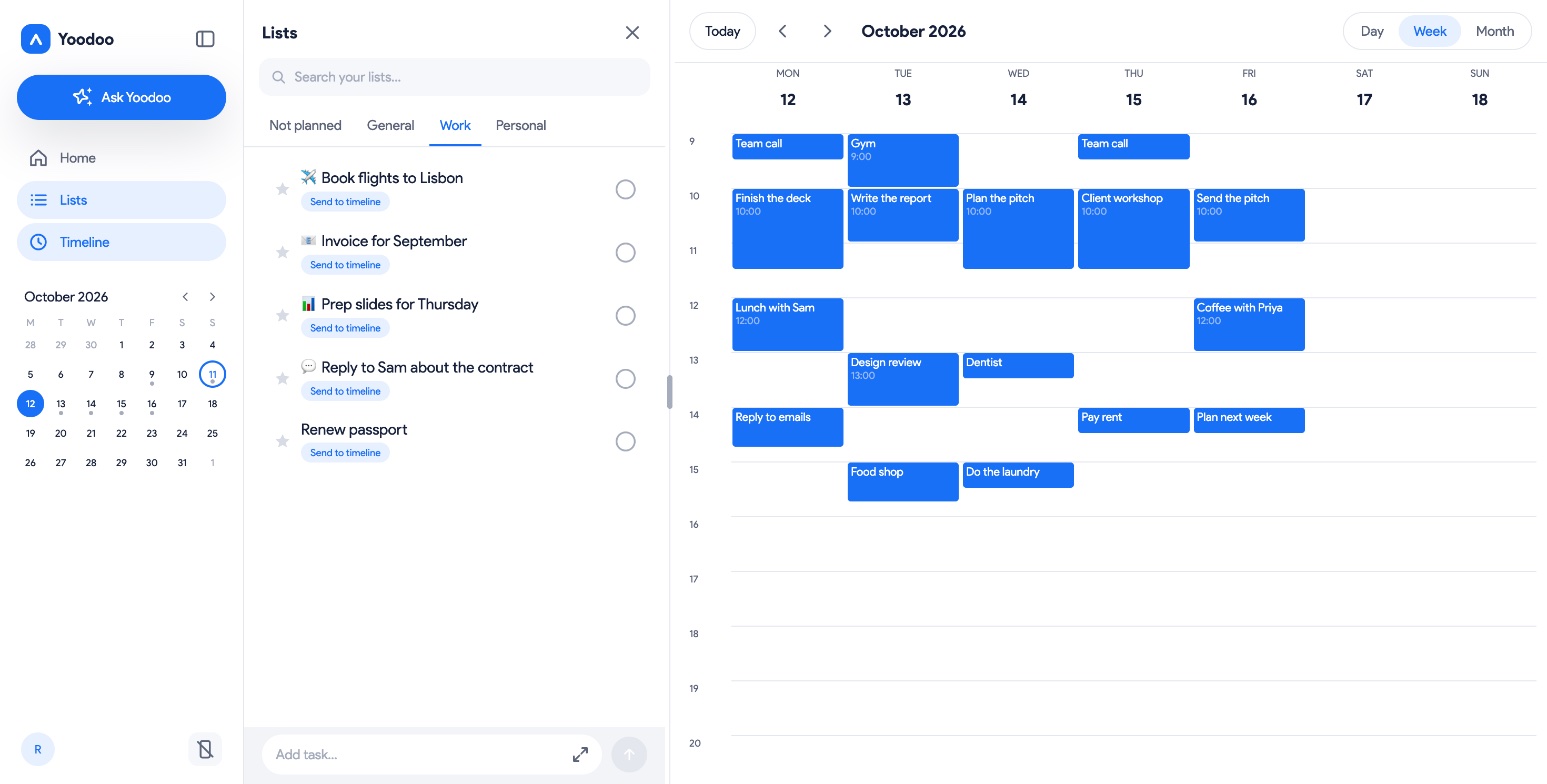Yoodoo on desktop in Week view, with lists down the side