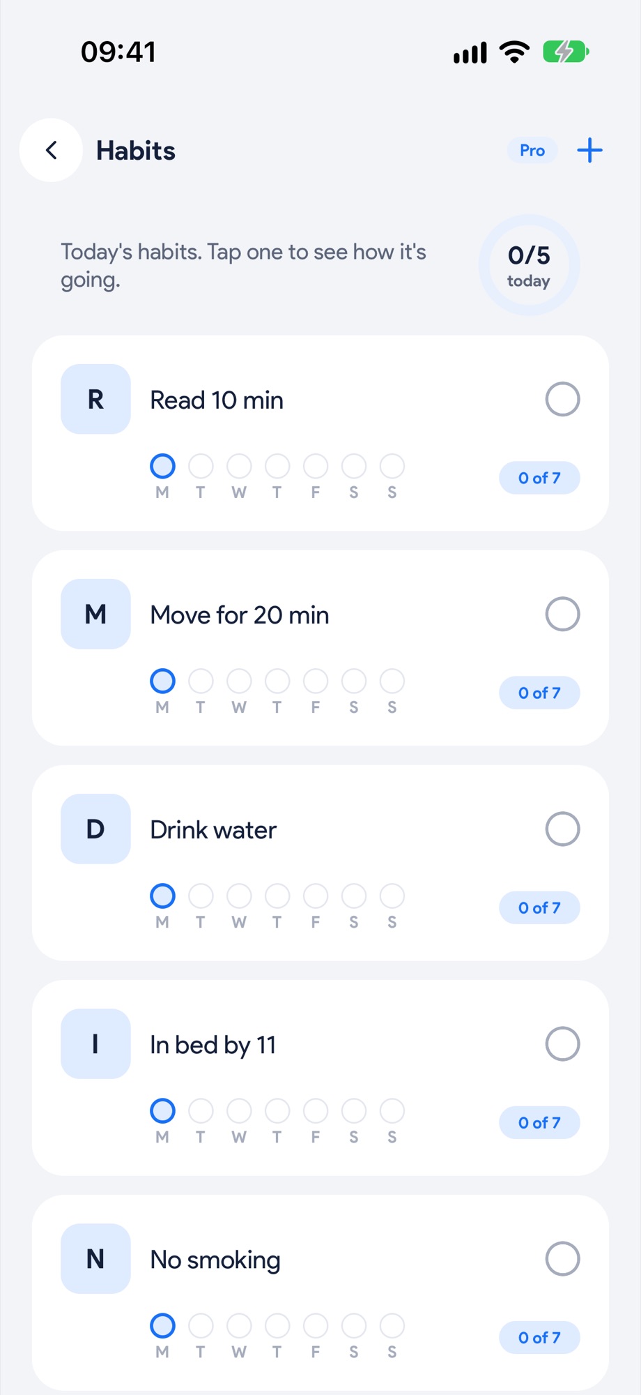 The Habits screen